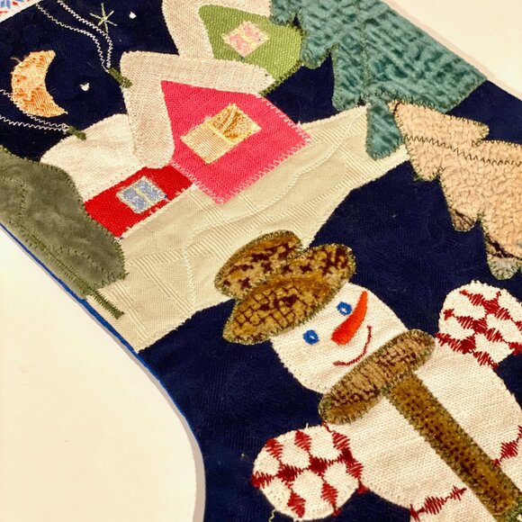 Vintage Handmade Christmas‎ Stocking with Snowman Scene, Upcycled Fabric - Picture 5 of 8